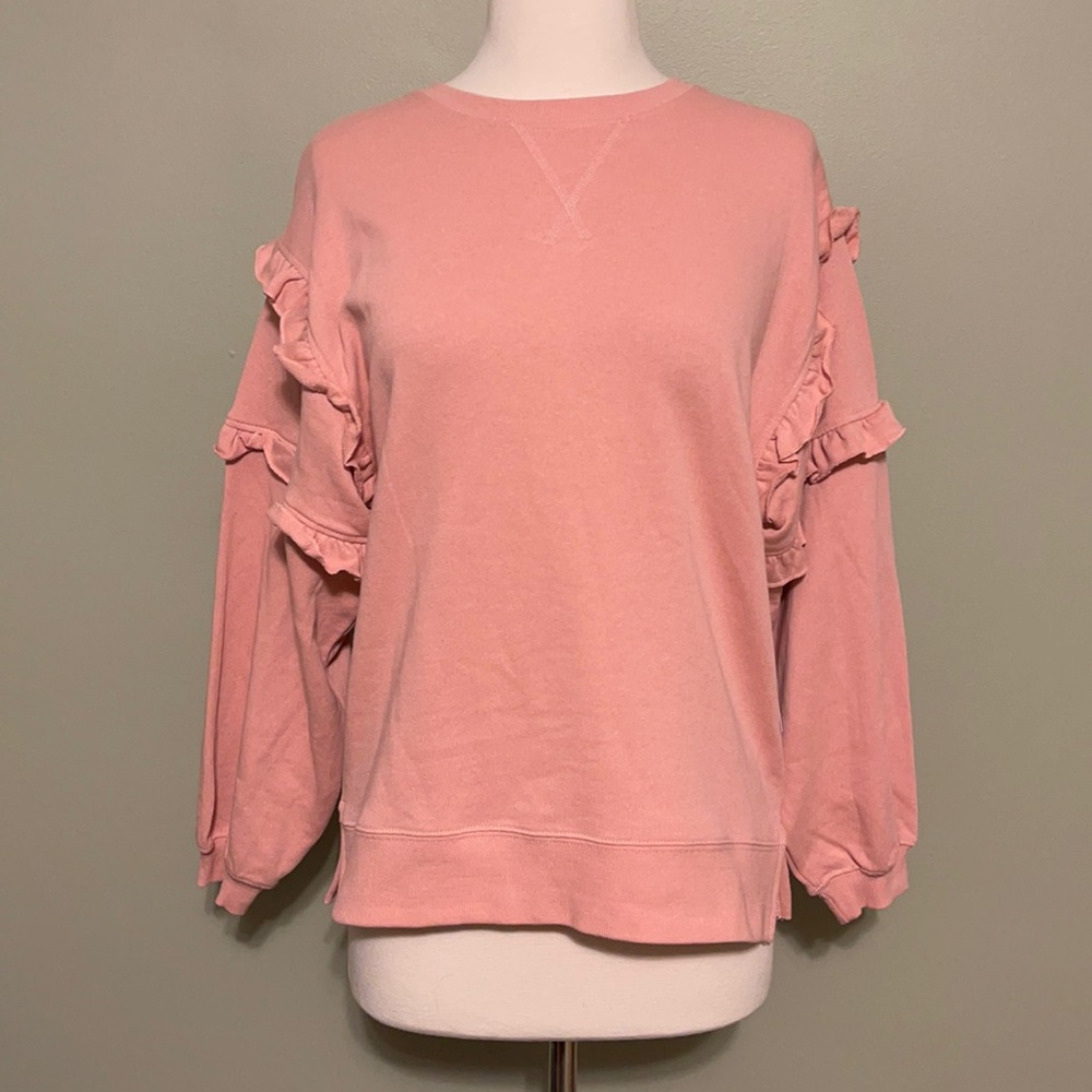 Women’s Size Small Pink Ruffle Long Sleeve Pullover Crewneck Sweatshirt